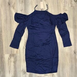 NWT SuperTrash ST Studio Navy Ruffle Off Shoulder Long Sleeve Mini Dress Size S